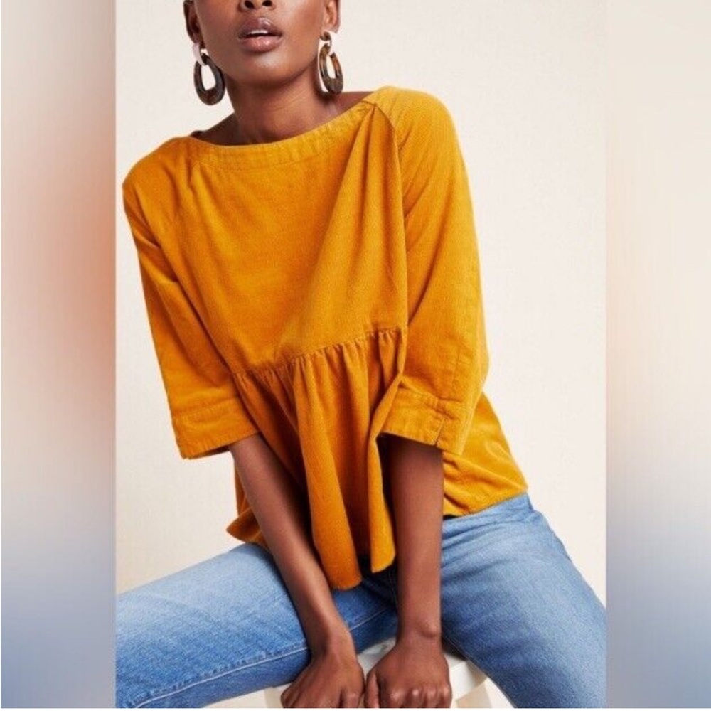 Anthropologie | Mustard Yellow Button-Back Peplum Blouse